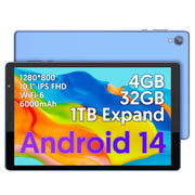 FITIFUN Android 14 Tablet, 10 Inch HD Display, 4GB RAM, 32GB Storage, 1TB Expandable, Quad-Core Processor, WiFi, Dual Cameras, Blue
