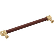 Signature Hardware Lazzara Leather Appliance Pull, 12 Inch Center to Center, Golden Champagne Finish, Zinc and Hand-Stitched Brown Leather, 954067-12