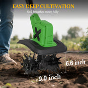 HUSGW 21V Cordless Tiller Cultivator, 9In Clearing Width, 6In Cutting Depth, 4 Steel Tines, Includes 2 4.0Ah Batteries and Charger