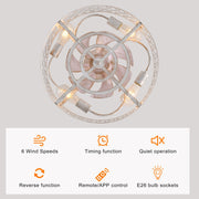 Garwarm 19.6in Caged Ceiling Fan with 4-Light Fixture, White Flush Mount Low Profile, Handwoven Rattan Blades, Remote Controlled, 6-Speed, Modern Industrial Design