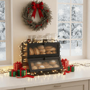 GAMBE Double Layer Bamboo Bread Box with Frosted Acrylic Door Panel, Black, Large Capacity Kitchen Countertop Organizer