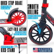 Madd Gear Kruzer 200 Folding Commuter Kick Scooter, Adjustable Handlebar, Oversized 200mm Wheels, Lightweight Carbon Steel Frame, Red