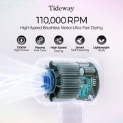 Tideway H11 Hair Dryer w/Diffuser, High-Speed 110,000 RPM Brushless Motor, Plasma Tech, Smart Temp Control, Black