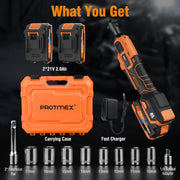Protmex 74FT-LBS Cordless Ratchet Wrench, 74FT-LBS Torque, 3/8-Inch, 21V 2.0Ah Battery, Variable Speed Trigger up to 400 RPM, Ultra-Thin Head Design, Power Tool Kit