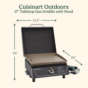Cuisinart 17-in Tabletop Gas Griddle with Hood, 255 sq in Carbon Steel Cooking Surface, Portable Outdoor Flat-Top Grill, Black, CGG-9236