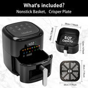 Vaparinckl 5QT Air Fryer, 8-in-1 Electric Hot Oven with Digital Touch Control, Visible Window with Interior Light, Nonstick Dishwasher Safe Basket, Black