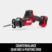 Skil PWR Core 20 Brushless 20V Compact Reciprocating Saw, Digital Motor, Dual LED Lights, Variable Speed Trigger, RS5825B-00