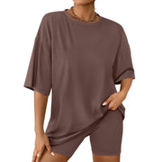 SUNBS Women's Lounge Set, Oversized Crew Neck T-Shirt, High-Waisted Biker Shorts, Brown, Sizes S-2XL, WFWA0054
