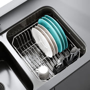 Wang Pujie Stainless Steel Small Dish Drainer, Compact 13.6in x 11.4in x 5.3in, Fits Double Bowl Sink, Space Saving Kitchen Rack with Movable Utensil Holder