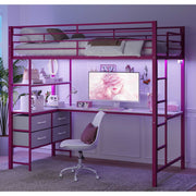 Ktaxon Twin Loft Bed with L Shaped Desk, LED Light, Charging Station, Pink