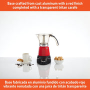 Imusa Electric Espresso Coffee Maker, 3 or 6 Cup Capacity, Red, Cool-Touch Handle, Detachable Base, GAU-18235