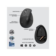 Logitech Lift for Business Left Vertical Ergonomic Mouse, Left-Handed, Wireless Bluetooth and Secured Logi Bolt USB, 4000 DPI Optical Sensor, Graphite, 910-006492