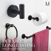 Marmolux Acc 4 Piece Matte Black Bathroom Hardware Set, Stainless Steel, Wall Mounted, Includes 24 Inch Towel Bar, Towel Ring, Toilet Paper Holder, Towel Hook, PA-S911-4BK