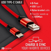 Deco Essentials TC6NRED 6FT Braided USB Type-C Charge & Sync Cable, Red, Nylon Fiber, 480Mbps