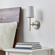 Better Homes & Gardens Meadowood Indoor Wall Sconce, Satin Nickel Finish, White Fabric Shade, Dimmable LED Bulb Included, 52049