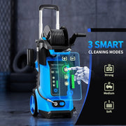 SUGIFT Electric Pressure Washer, 4500 PSI, 3.2 GPM, 2000W Motor, LED Touchscreen Adjustable Pressure, 5 Quick-Connect Nozzles, Foam Cannon, Built-In Hose Reel, Portable with Large Wheels, Blue