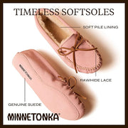 Minnetonka Womens Suede Moccasin Slippers, Pile Lined, Adjustable Rawhide Lace, Stone, Size 9