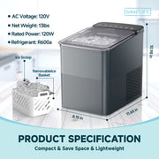 Simzlife Portable Ice Maker Countertop, 9 Bullet Ice Cubes Ready in 6 Minutes, 26 lb Daily Capacity, Self-Cleaning, Quiet Operation, Gray