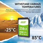 Acer BL.9BWWA.312 SC900 256GB SDXC UHS-II Professional Digital SD Memory Card - C10, U3, V90, 4K, Full HD Video - Up to 300MB/s Read Speed for DSLR and Camera