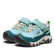 KEEN Kids Targhee 4 Low Hiking Shoes, Waterproof Leather and Mesh, Lace Lock Bungee Closure, Reef Waters/Daiquiri Green, Big Kid Size 7, 1029794
