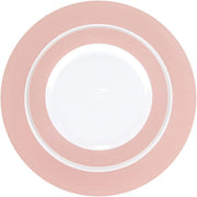 Plasticpro 32 Piece Combo Disposable Plates Set, 16 7.5-Inch and 16 10-Inch White Plates with Elegant Blush Rim, Premium Heavyweight Plastic, 124354