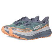 Hoka Women's Stinson 7 Trail Runners, Grey Skies/Pale Tangerine, 9.5 Medium, High-Volume EVA Midsole, Stabilizing H-Frame, Durabrasion Outsole