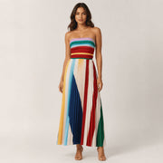 Veyora Apparel Women's Strapless Colorblock Pleated Maxi Dress, Rainbow Smocked Tube Top, Sleeveless Summer Dress