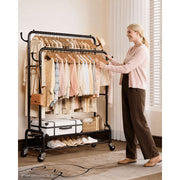 Enogets Heavy Duty Double Rod Garment Rack with Shelves and 360 Swivel Locking Wheels, Black Steel, 44 in x 16.5 in x 61 in
