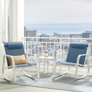 Mainstays Dashwood Steel 3-Piece Rocker Outdoor Chat Set, Blue, 2 Rocking Chairs with Padded Headrests, Round Bistro Table