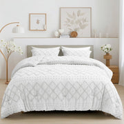 JUSTLET Comforter Set 7 Pieces Bed in a Bag, White Reversible Tufted Bedding Set, Hypoallergenic, King, White