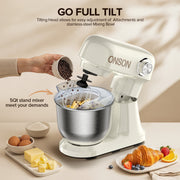 ONSON 5QT 350W Copper Motor, 12-Speed Electric Mixer with Stainless Steel Bowl, Dough Hook, Whisk, Beater, Milky White