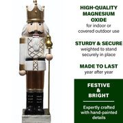 Fraser Hill Farm 48-Inch Nutcracker Figurine Holding Staff, White Coat, Gold Pants, Black Boots, Gold Crown, Weather-Resistant Magnesium Oxide, Indoor Outdoor Christmas Decor FFMG048-0NC-GLD