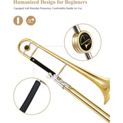 Eastar ETB-330 Bb Tenor Trombone for Beginners Students B Flat Brass Instrument With Case, Mouthpiece, White Gloves, Cleaning Kit, Gold