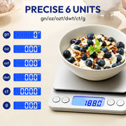 DAYBETTER Kitchen Scale, 6.6lb/3kg Capacity, 0.1g Precision Digital Food Scale, Stainless Steel Pan, Multifunctional Units, Piece Counting