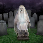 Haunted Hill Farm HHSTMBGRL-1FLSA Motion-Activated 4-ft Sitting Tombstone Girl by Tekky, Premium Talking Halloween Animatronic