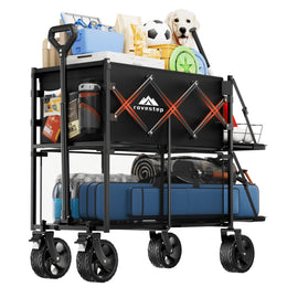 RoveStep Double Decker Folding Garden Wagon, 320L Dual-Level Capacity, 400 lb Load, Heavy-Duty Steel Frame, Collapsible with 360 Swivel Wheels and Brake, Big Wheels, Double Extended Tailgate