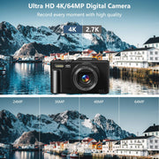 Saneen Digital Camera 64MP 4K UHD Vlogging Camera with 3-Inch 180 Flip Screen, 18X Digital Zoom, WiFi Enabled, Black W08C-Black