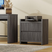 SICOTAS Nightstand Set of 2, 25.4 in Wide Modern Farmhouse Bedside Tables with 2 Fluted Drawers, Handle-Less Storage, Built-In 18W USB and Type-C Charging Station, Black Oak ND114115