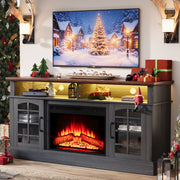 Paproos Fireplace TV Stand for 65 in TV with 23 in Electric Fireplace, 1400W Heating, Adjustable LED Lights, Farmhouse Style, Brown Top Black Cabinet