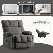 JONPONY Manual Recliner Chair with Heat Therapy and Vibration Massage, Grey Velvet, Heavy Duty Metal Frame, Dual Cup Holders, Side Pockets, USB Ports