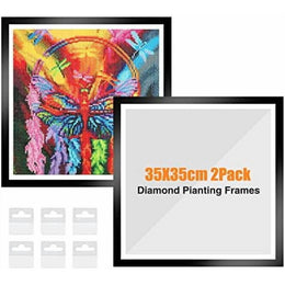 Unbranded Magnetic Diamond Painting Frames, 35x35cm Canvas, Black Self-Adhesive with White Border and Hooks, 2-Pack