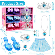Flybay Princess Dress Up Costume Set, 27 Pieces Including Skirts, Shoes, Tiaras, Necklaces, Earrings, Rings, Pink Storage Box, for Girls Ages 3-7