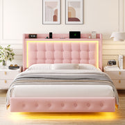 Homfa 321 Full Size Floating Bed with RGB LED Lights Charging Station, Velvet Upholstered Platform Bed with Storage Headboard, Pink