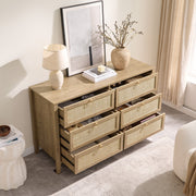 SICOTAS 6-Drawer Rattan Dresser with Gold Handles, Large Boho Coastal Chest, Cherry Oak, 51.14 in Wide, DR117