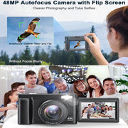 Xorlink Compact Digital Camera, 48MP, Autofocus, Anti-Shake, 3.6in 180 Flip Screen, Built-In Flash, 16x Optical Zoom, Includes 32GB Card and Battery Charger, Black