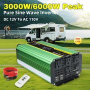 LVYUAN Power Inverter 3000W Continuous 6000W Peak Pure Sine Wave 12V DC to 110V AC Converter with 4 AC Outlets, 4 USB Ports, LCD Display, Remote Control, Green F-3000P