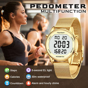 Hearkent Women Pedometer Watch, Step Tracker with Calories Counter, Large LCD Display, 30M Waterproof, Alloy Metal Case, Silver