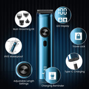 Sejoy LFQ-F3-BLU Men's Beard Trimmer, Hair Clippers, Waterproof Electric Nose Haircut Mustache Body Trimmer Cordless Foil Shaver Grooming Kit, USB Rechargeable and LED Display Home Travel (Blue)