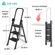RICHYOUNG 3-Step Folding Ladder with Foldable Extended Handrail, Wide Anti-Slip Pedals, Carbon Steel, Black