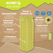 Klymit Static V Summit Sleeping Pad, Three-Season Lightweight Inflatable Camping Air Mat, Green, XL, 06SXEG01A